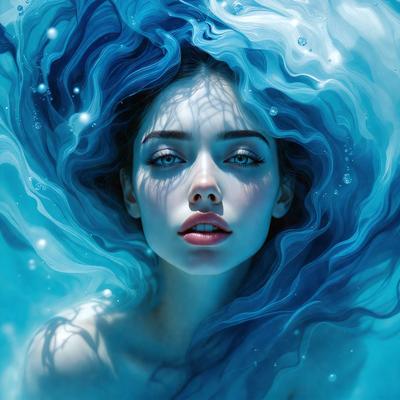 The primary subject of the image is a woman with blue hair, who is looking at the camera. She is surrounded by a blue and white ocean, which serves as the setting for the scene. The visual style of the image is a digital art, featuring a close-up of the woman's face with her hair flowing in the water. The colors and mood of the image are predominantly blue, creating a serene and calming atmosphere.